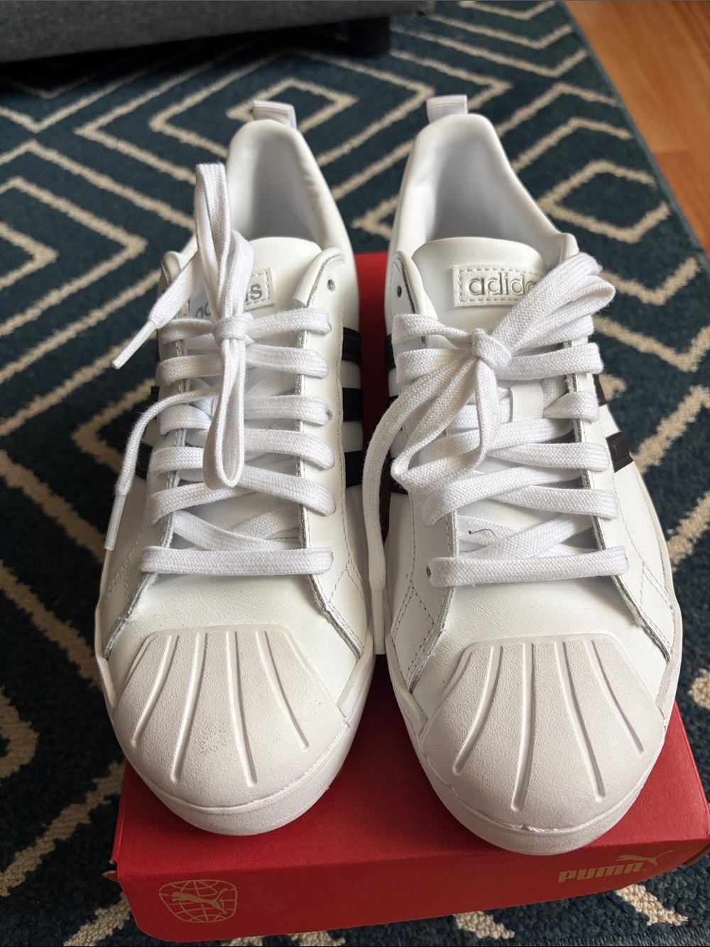 Adidas White Shell Toe Sneakers with Black Stripes STREET TALK